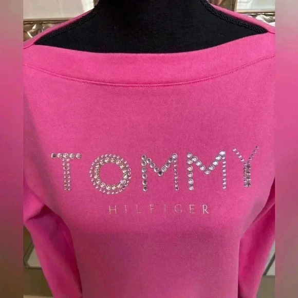 TOMMY HILFIGER BLING LOGO PINK 3/4 SLEEVE CASUAL RHINESTONE PINK SHIRT SZ M - Picture 4 of 9